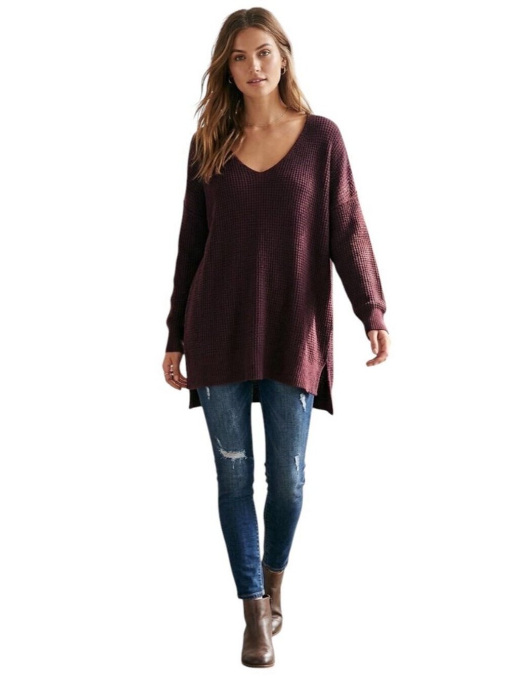 Free People Intimately Burgundy Waffle Knit V-Neck Oversized Tunic Sweater Small